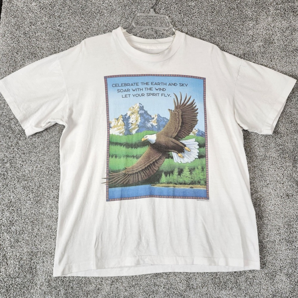 Vintage Human-i-Tees Shirt Mens Large White Eagle Mountain Nature Graphic 90s